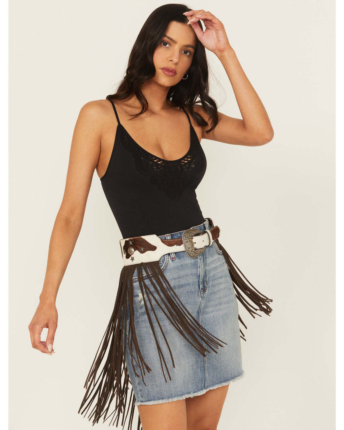 Image #1 - Idyllwind Women's Festival Fringe Hair-On Star Concho Belt, Dark Brown, hi-res