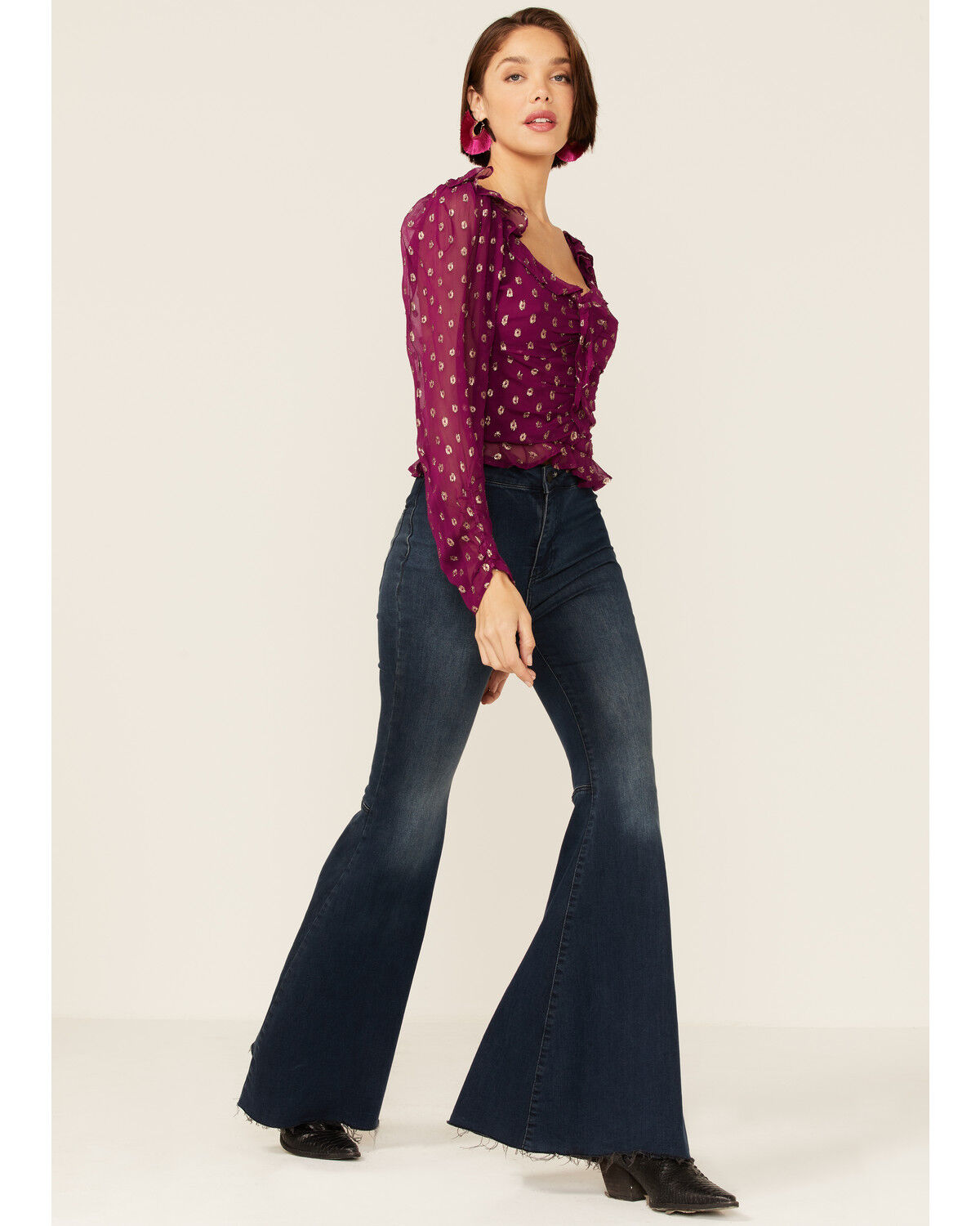 Image #4 - En Creme Women's Long Sleeve Foil Ruffle Blouse, Purple, hi-res