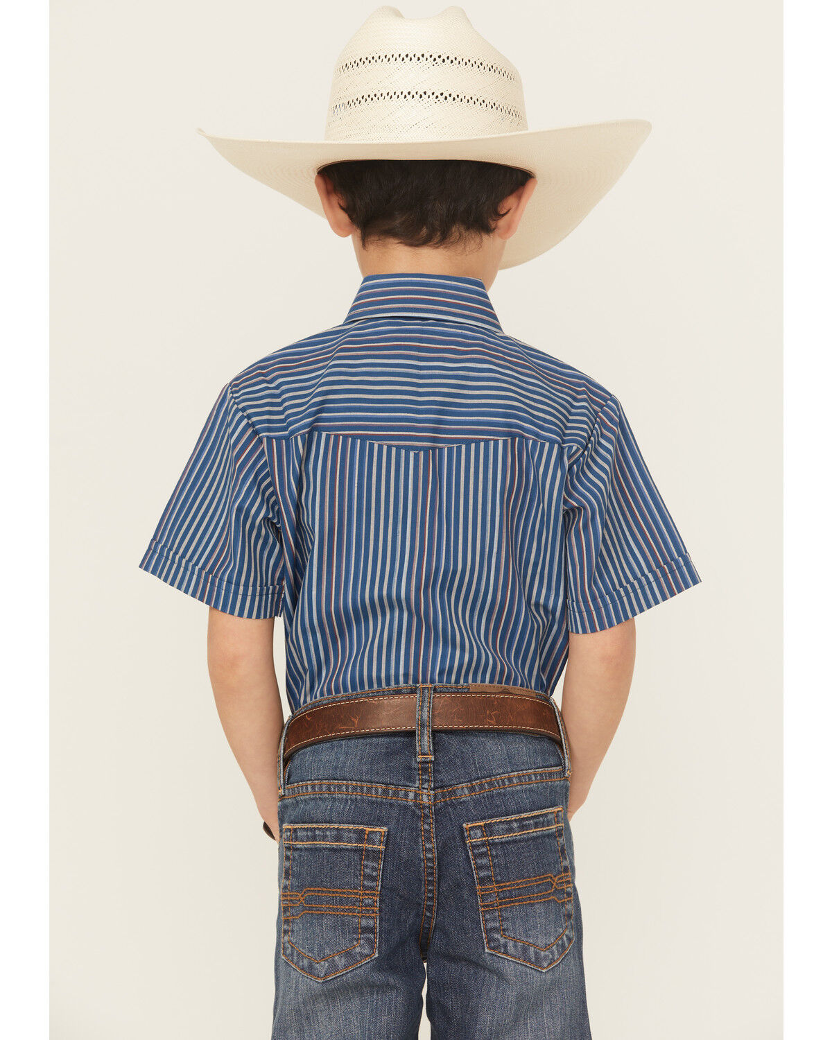 Image #4 - Ely Walker Boys' Striped Short Sleeve Pearl Snap Western Shirt, Navy, hi-res