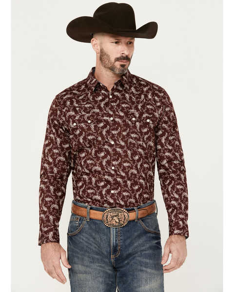 Image #1 - Cody James Men's Fiery Paisley Print Long Sleeve Snap Western Shirt, Burgundy, hi-res