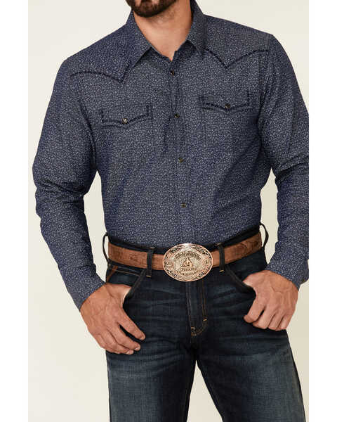 Image #3 - Cody James Men's Sound Washed Floral Print Long Sleeve Pearl Snap Western Shirt , Navy, hi-res