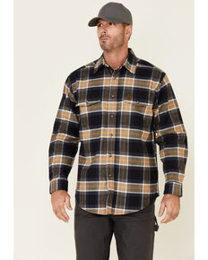 Wrangler Riggs Men's Navy & Tan Large Plaid Long Sleeve Button-Down Work Flannel Shirt , Navy, hi-res