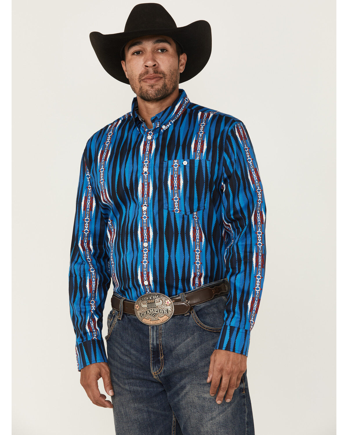 Image #1 - RANK 45® Men's Wooden Southwestern Striped Print Long Sleeve Button-Down Stretch Western Shirt, Blue, hi-res