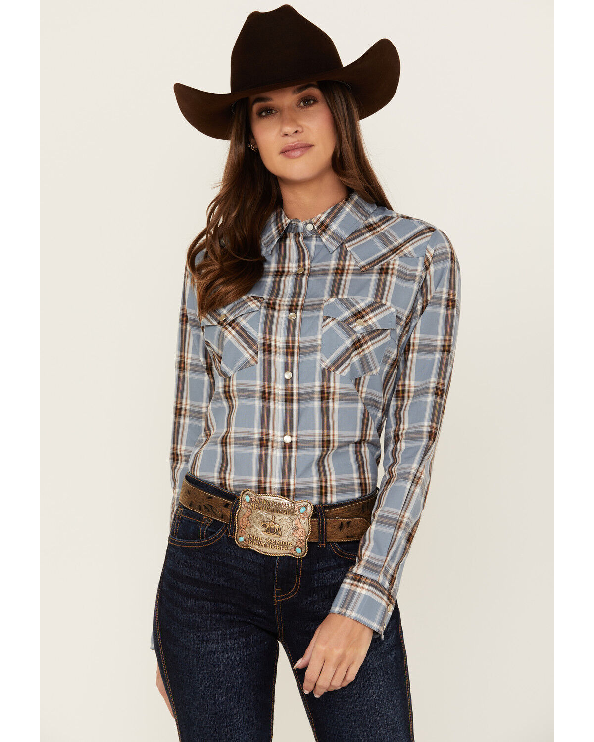 Image #1 - Wrangler Women's Plaid Print Long Sleeve Pearl Snap Western Shirt, Blue, hi-res