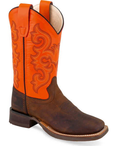 Old West Boys' Brown Orange Six Row Stitch Cowboy Boots - Square Toe, Brown, hi-res