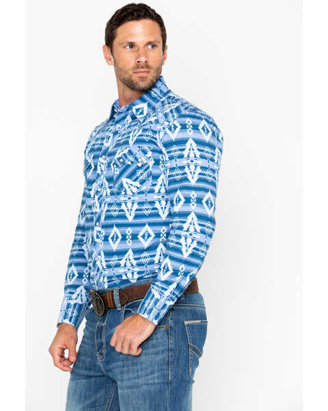 Image #3 - Rock & Roll Denim Men's Striped Southwestern Print Long Sleeve Pearl Snap Western Shirt, Light Blue, hi-res