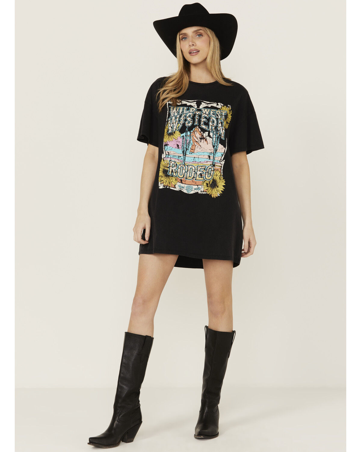 Image #1 - Rock & Roll Denim Women's Desert Short Sleeve Graphic Mini Dress, Black, hi-res