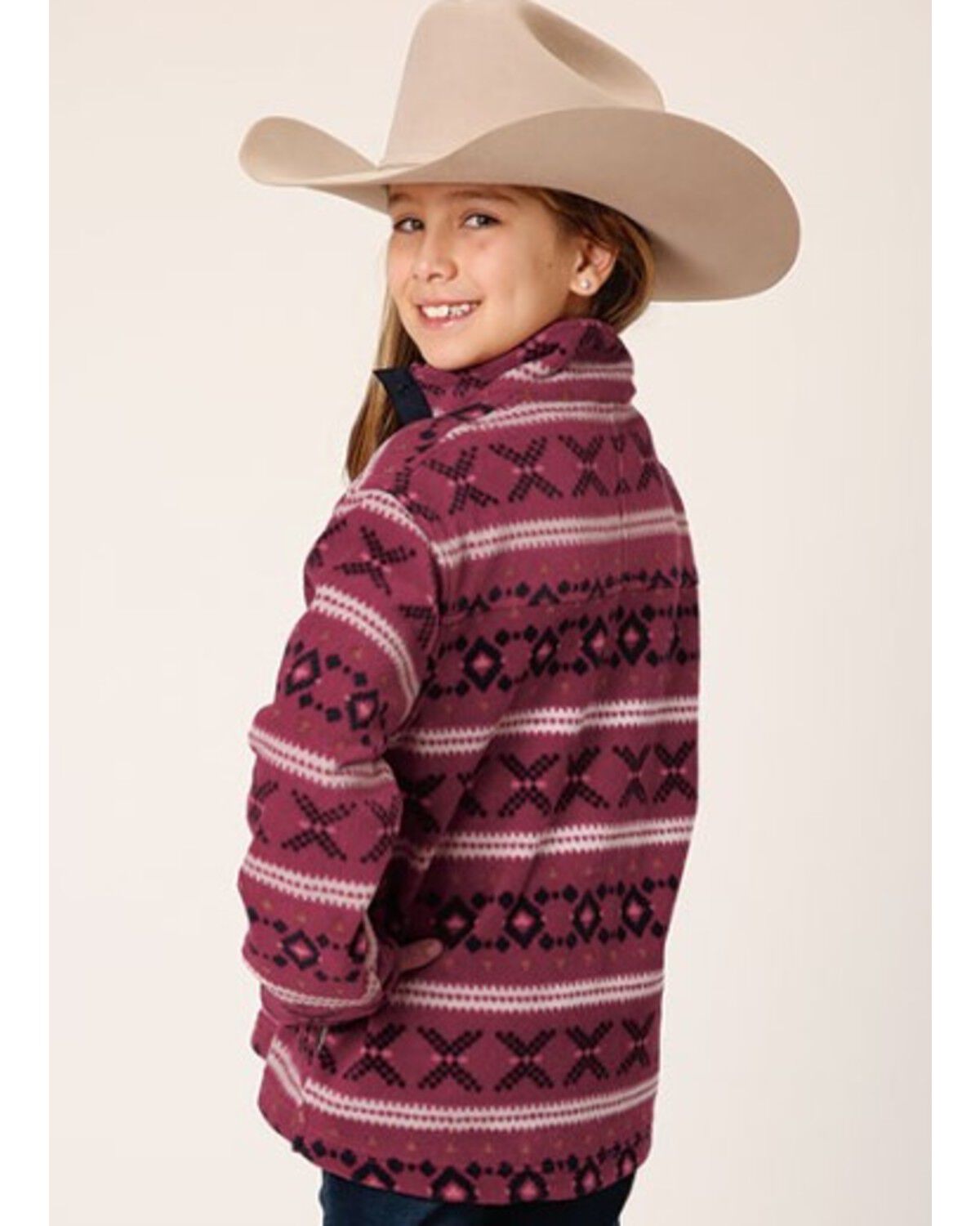 Image #2 - Roper Girls' Striped Print Micro Fleece Pullover, Red, hi-res