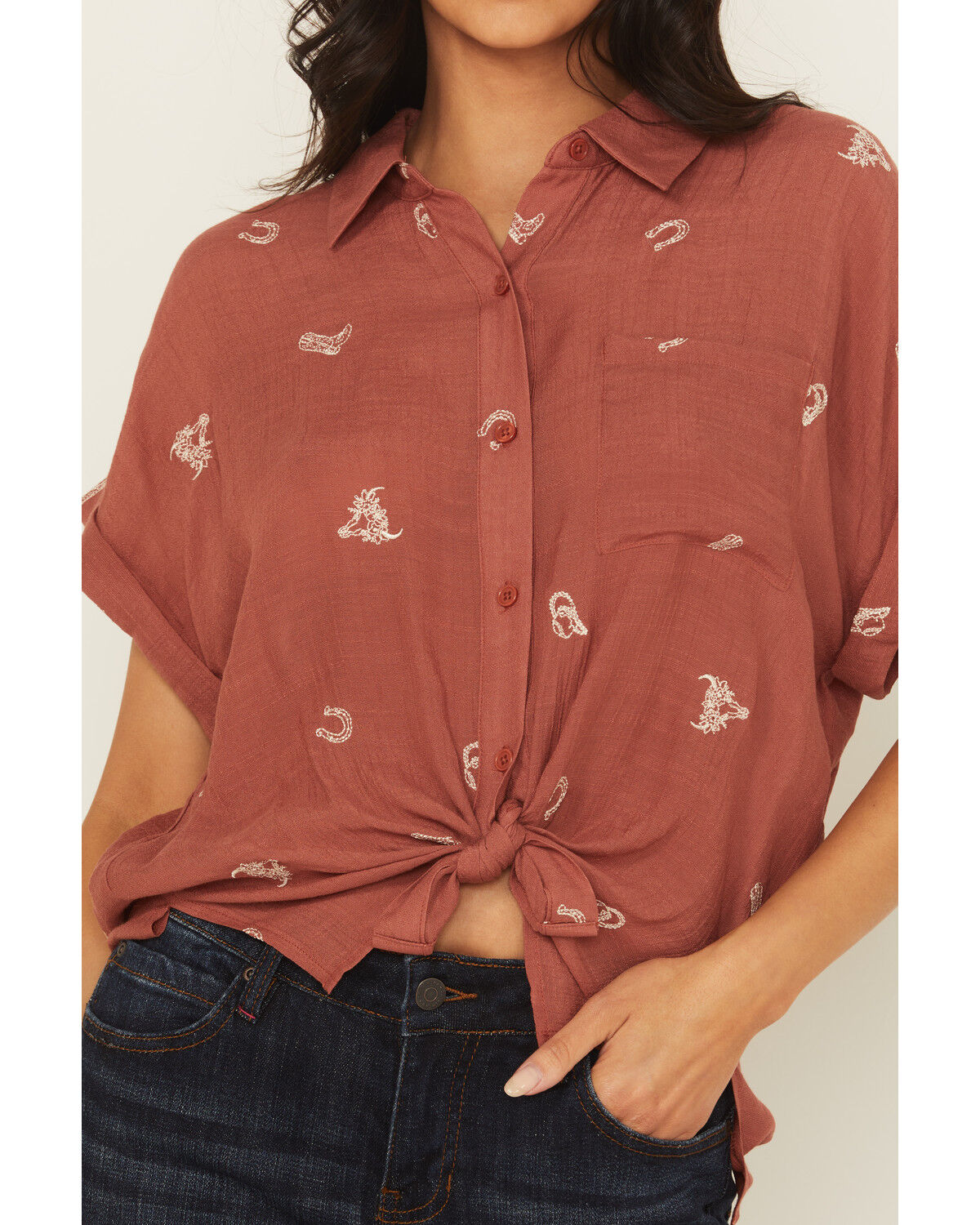 Image #3 - June & Hudson Women's Western Embroidered Short Sleeve Tie-Front Top, Red, hi-res