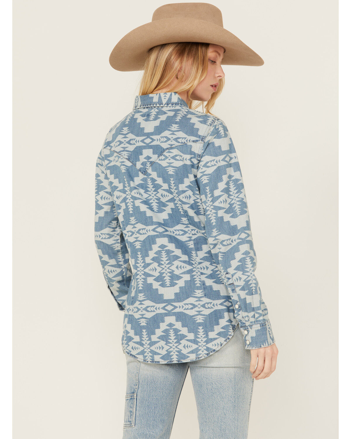 Image #4 - Wrangler Retro Women's Southwestern Print Long Sleeve Pearl Snap Denim Western Shirt, Blue, hi-res