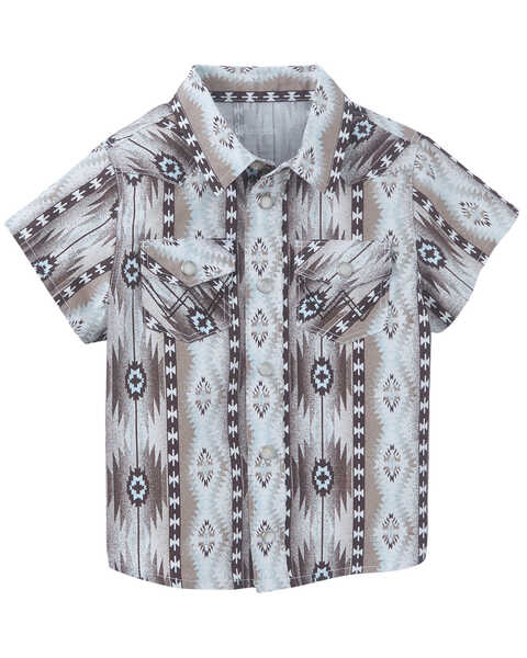 Wrangler Toddler Boys' Checotah Southwestern Striped Short Sleeve Pearl Snap Western Shirt , Brown, hi-res