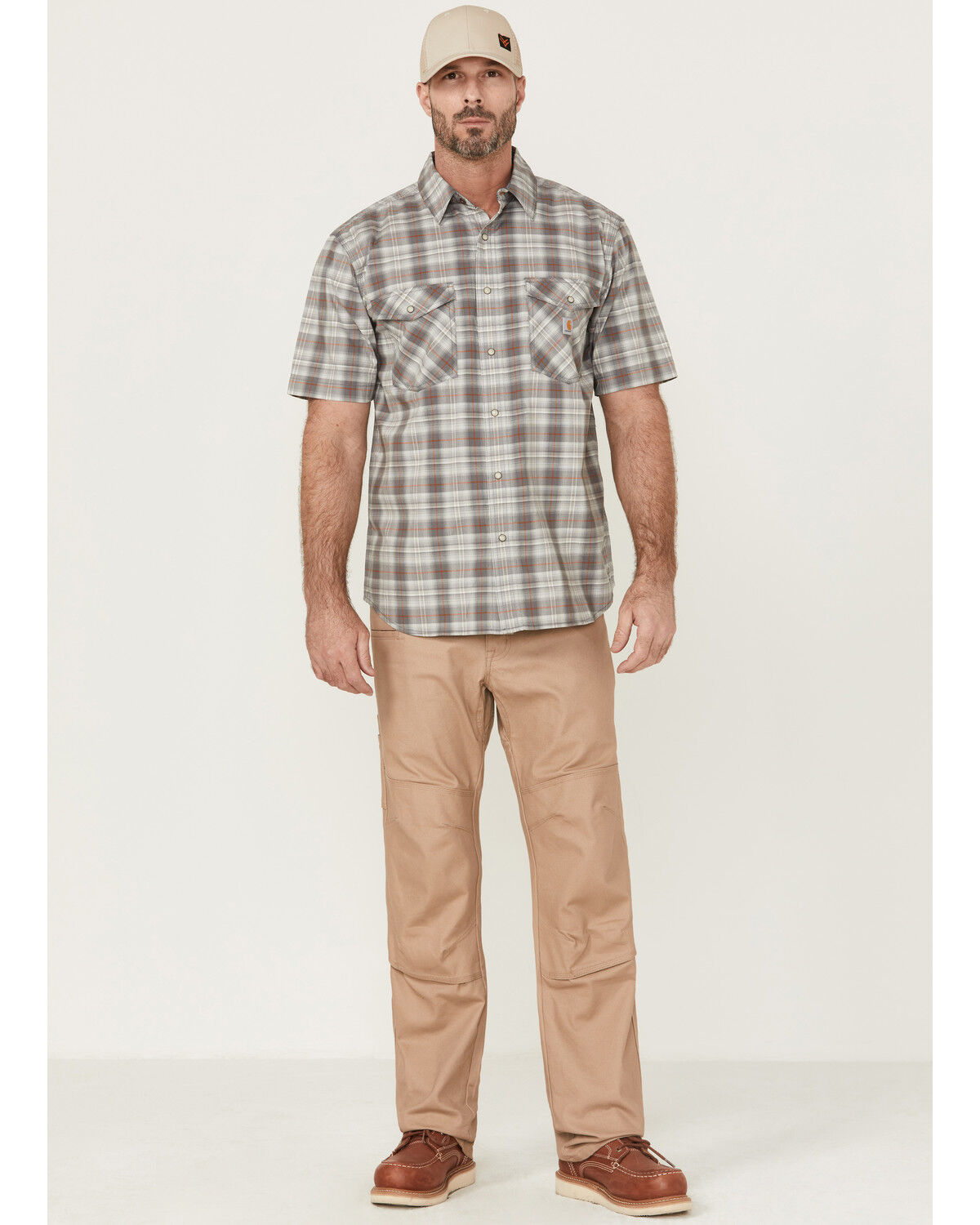 Image #2 - Carhartt Men's Rugged Flex Steel Plaid Print Relaxed Short Sleeve Snap Western Shirt, Steel, hi-res