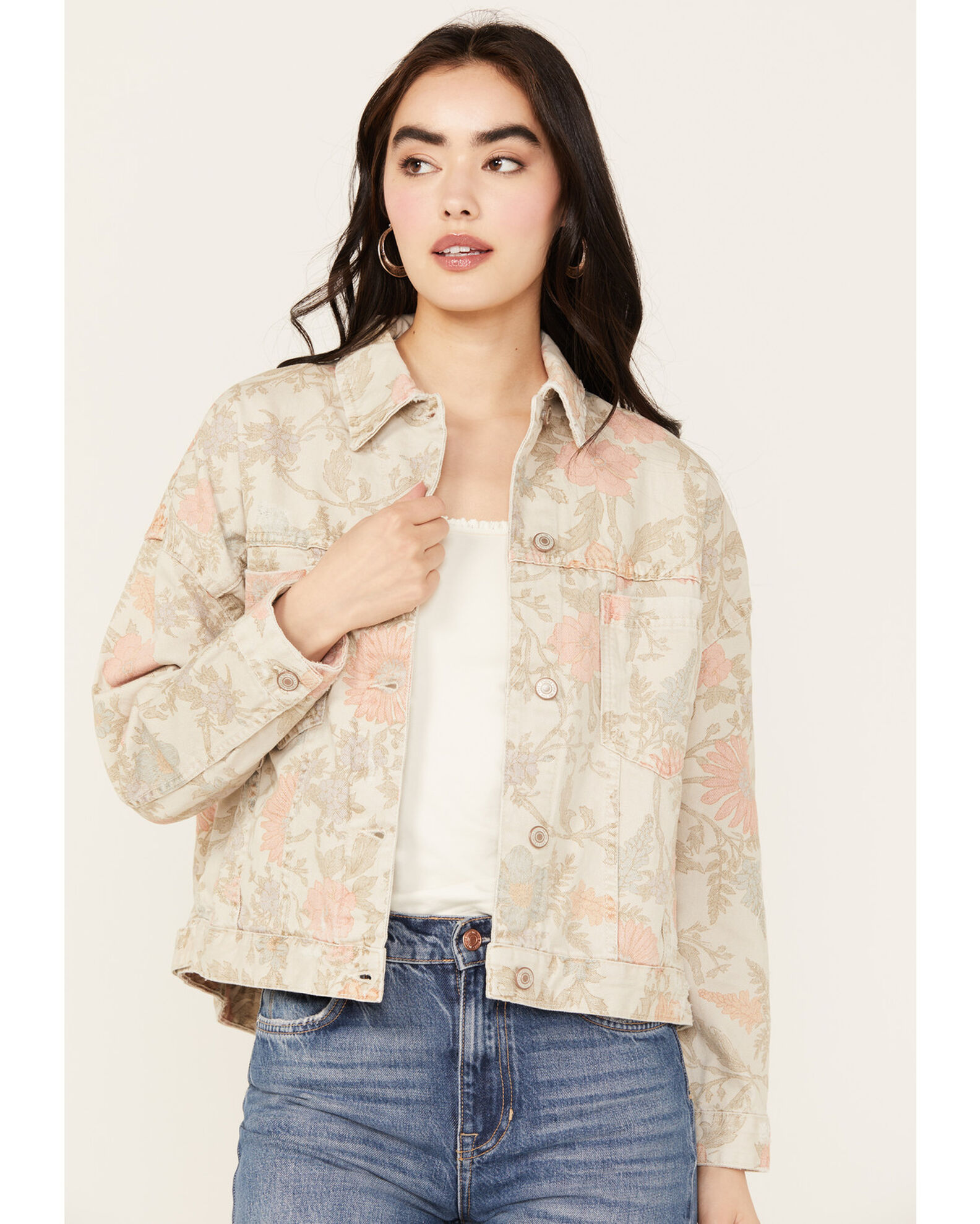 Free people floral denim jacket on sale