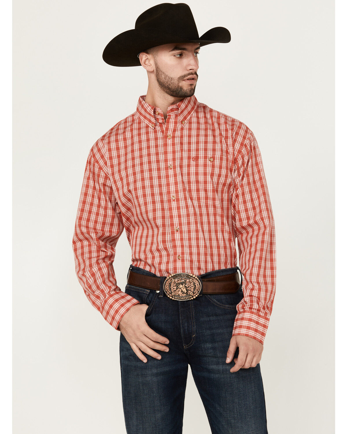 Image #1 - Wrangler Men's Classic Plaid Print Long Sleeve Button-Down Western Shirt - Tall, Red, hi-res