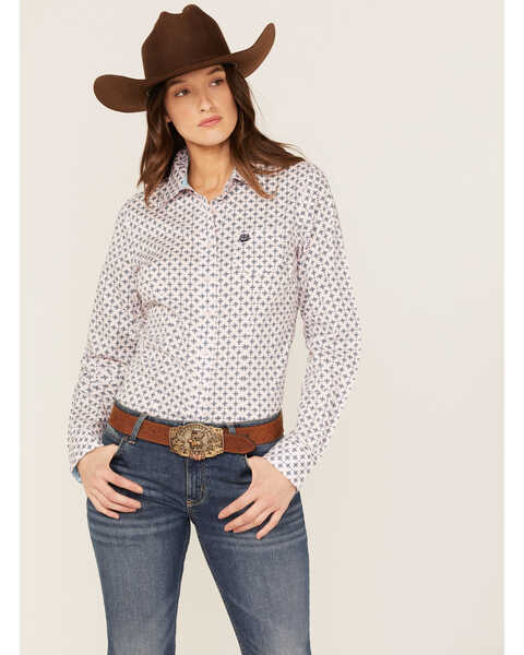 Image #1 - Cinch Women's Geo Print Long Sleeve Button-Down Western Shirt, Pink, hi-res
