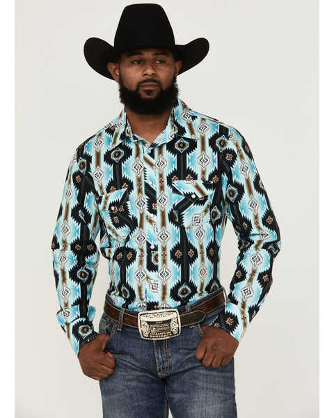 Rock & Roll Denim Men's Southwestern Print Western Shirt, Aqua, hi-res