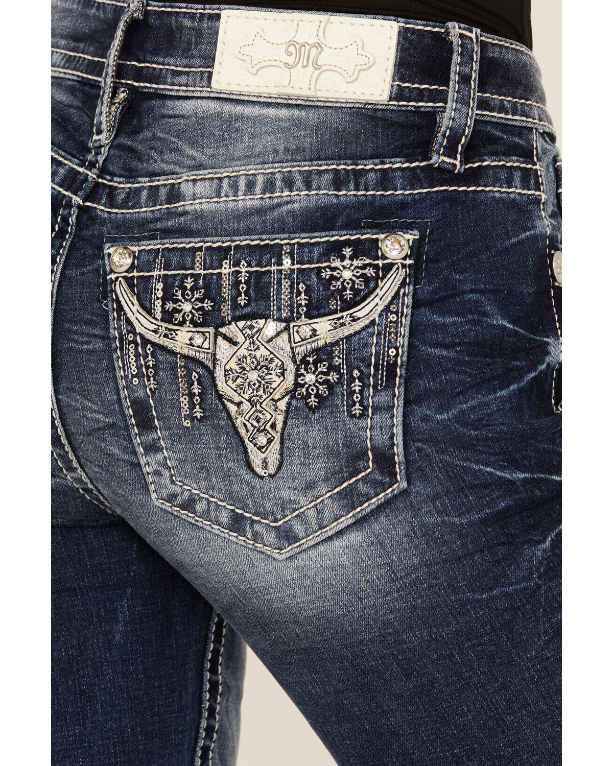 Image #2 - Miss Me Women's Dark Wash Mid Rise Steer Head Pocket Bootcut Stretch Denim Jeans, Dark Wash, hi-res
