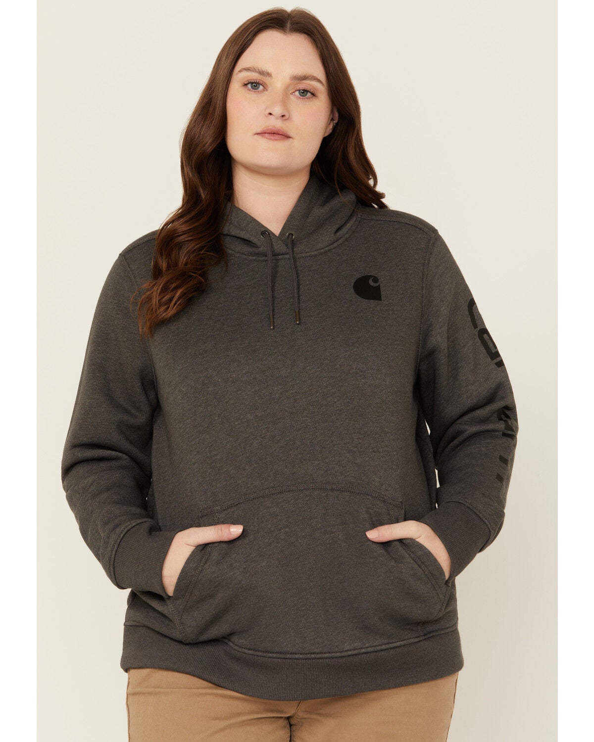 Carhartt Women's Relaxed Fit Midweight Logo Hooded Work Sweatshirt - Plus, Black, hi-res