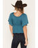 Image #4 - Shyanne Women's Hailey Satin Flounce Short Sleeve Peasant Blouse, Teal, hi-res
