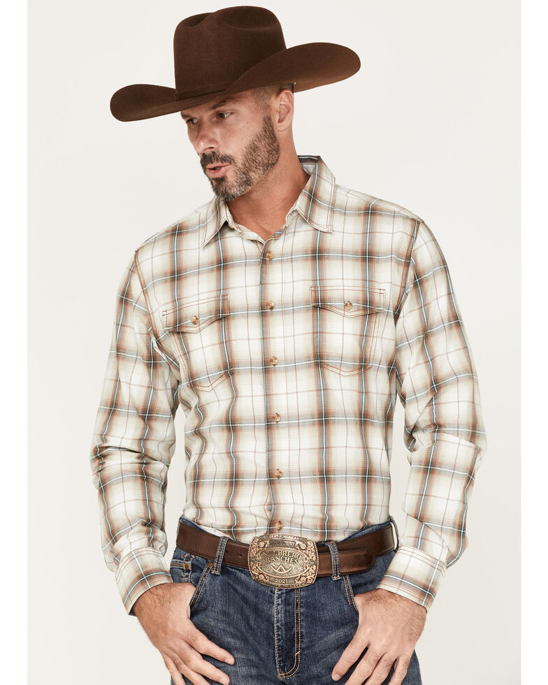 Wrangler Retro Men's Plaid Print Long Sleeve Button-Down Shirt - Tall, Brown, hi-res
