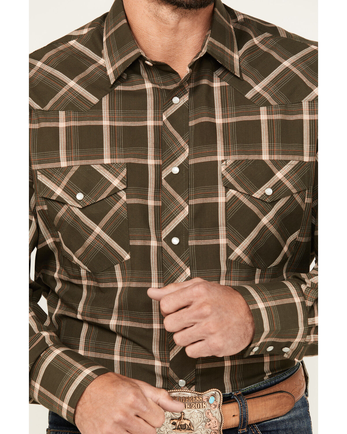 Image #3 - Roper Men's Plaid Print Long Sleeve Pearl Snap Western Shirt, Green, hi-res
