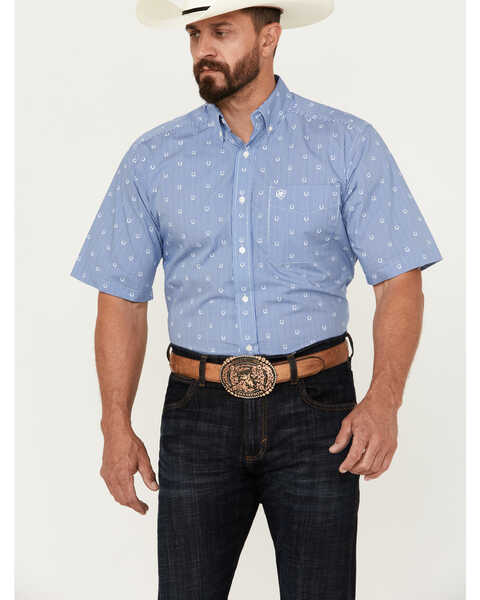 Ariat Men's Javier Print Button-Down Short Sleeve Western Shirt, Blue, hi-res