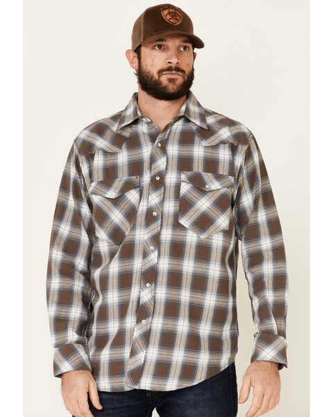 Resistol Men's Cedar Ombre Plaid Print Long Sleeve Snap Western Shirt , Brown, hi-res