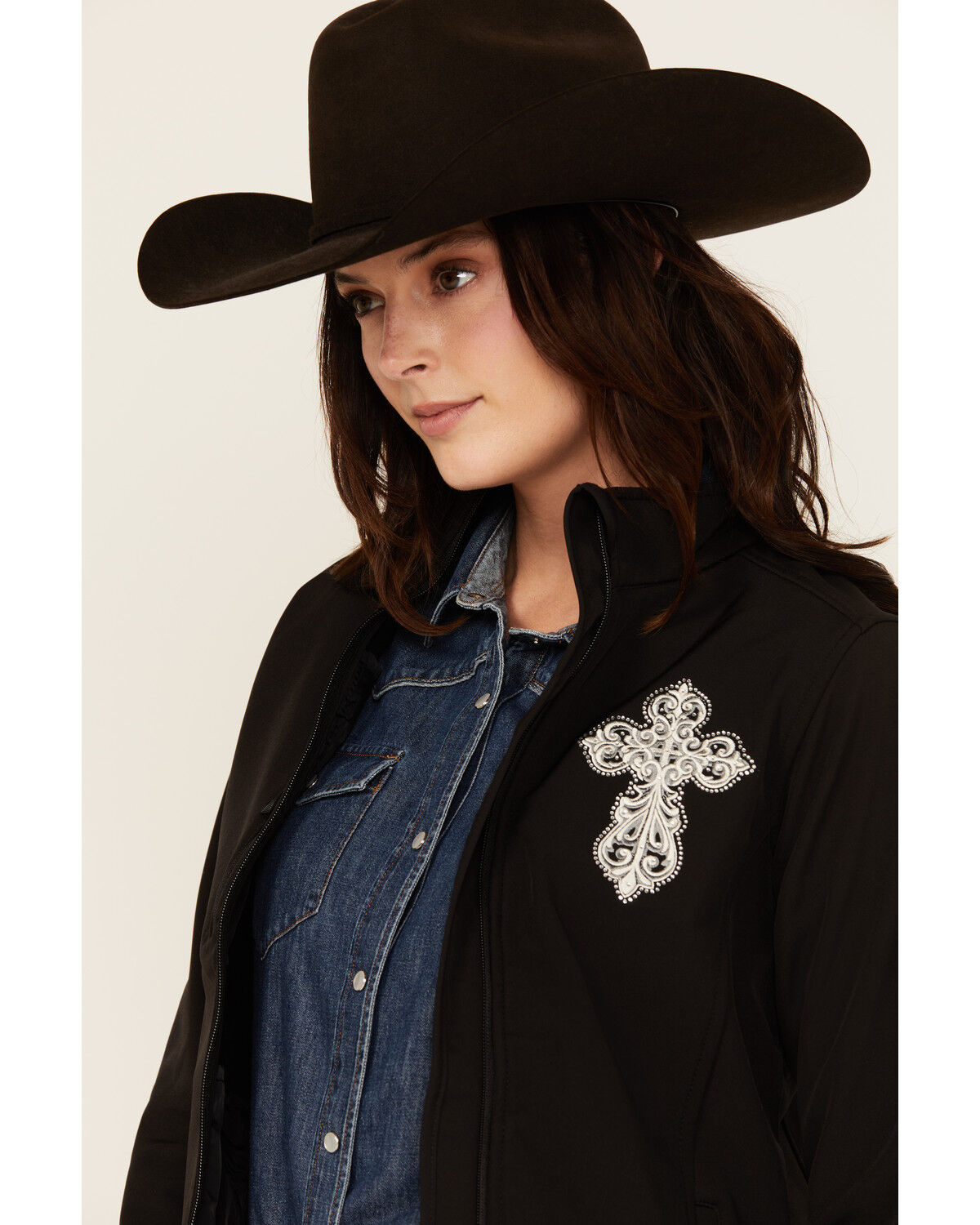 Image #2 - Cowgirl Hardware Women's Steel Cross Softshell Jacket, Black, hi-res