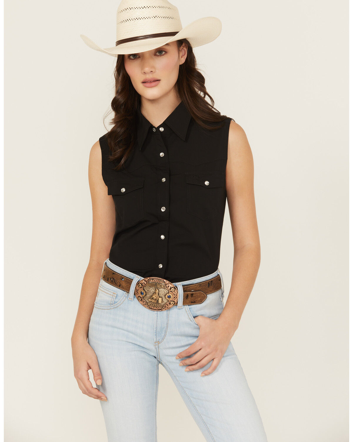 Image #1 - Cowgirl Hardware Women's Solid Sleeveless Rhinestone Snap Western Shirt, Black, hi-res
