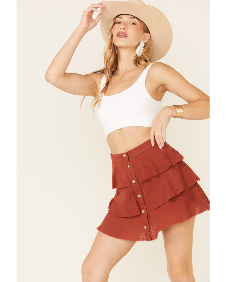 Very J Women's Button Front Tiered Mini Skirt, Rust Copper, hi-res
