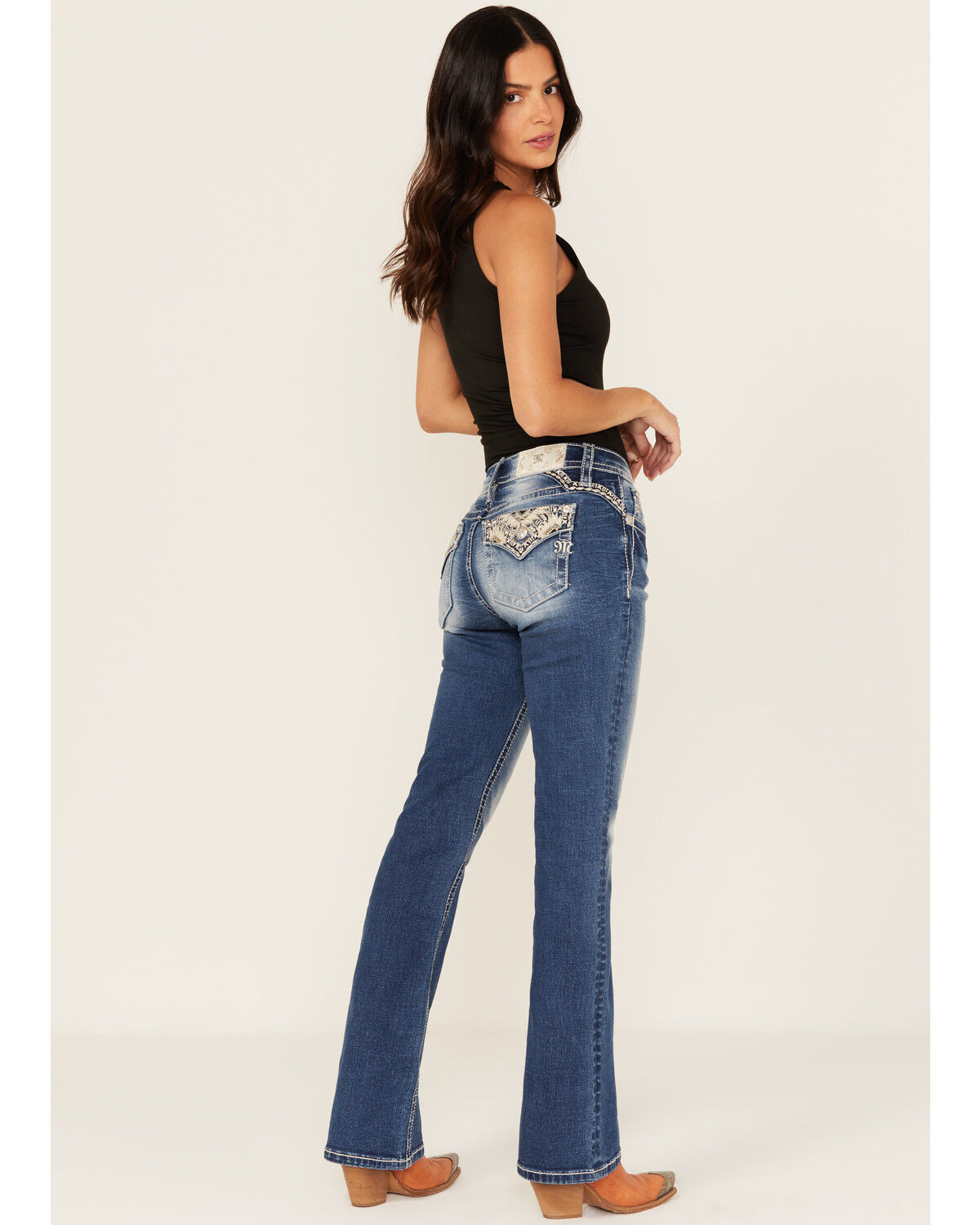 Image #1 - Miss Me Women's Medium Wash Mid Rise Southwestern Print Pocket Bootcut Stretch Denim Jeans, Medium Wash, hi-res
