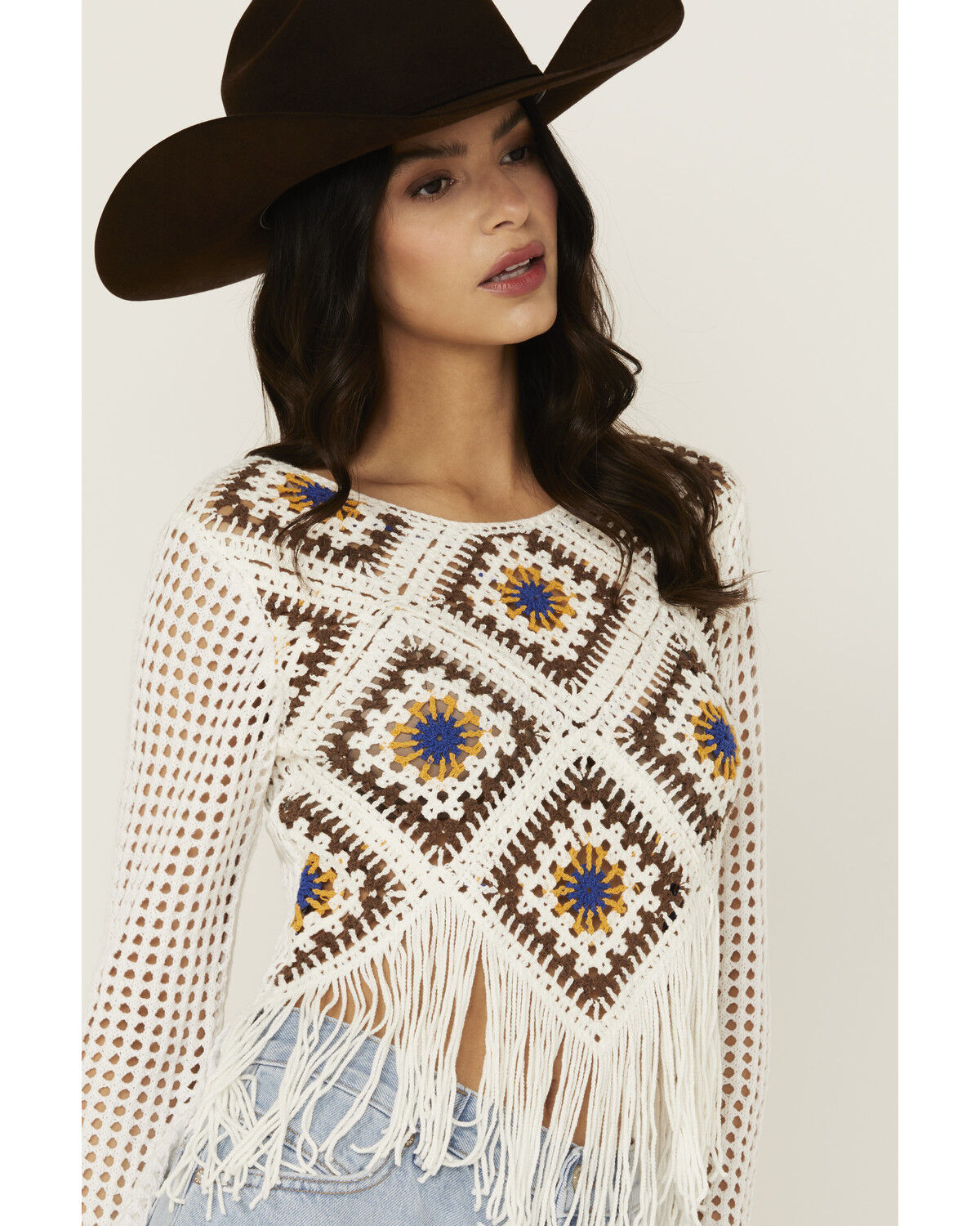 Image #2 - Wild Moss Women's Geo Print Crochet Long Sleeve Top, White, hi-res