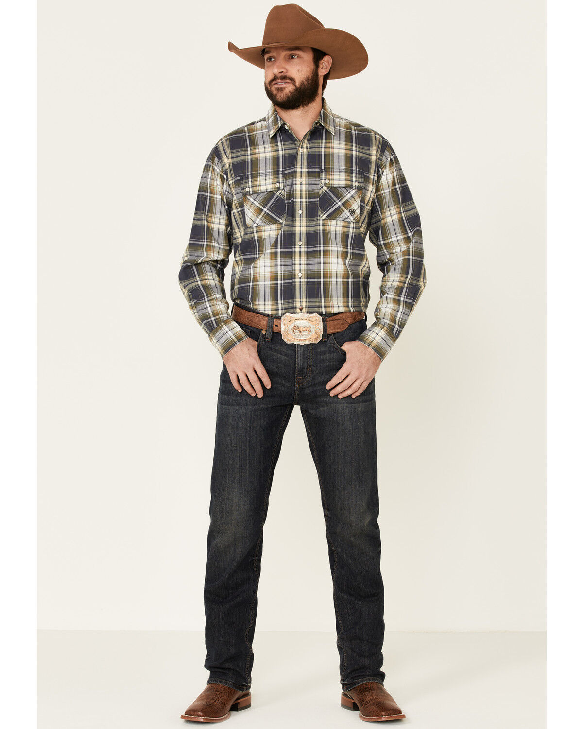 Image #2 - Ariat Men's Axel Large Ombre Retro Plaid Long Sleeve Western Shirt, Blue, hi-res