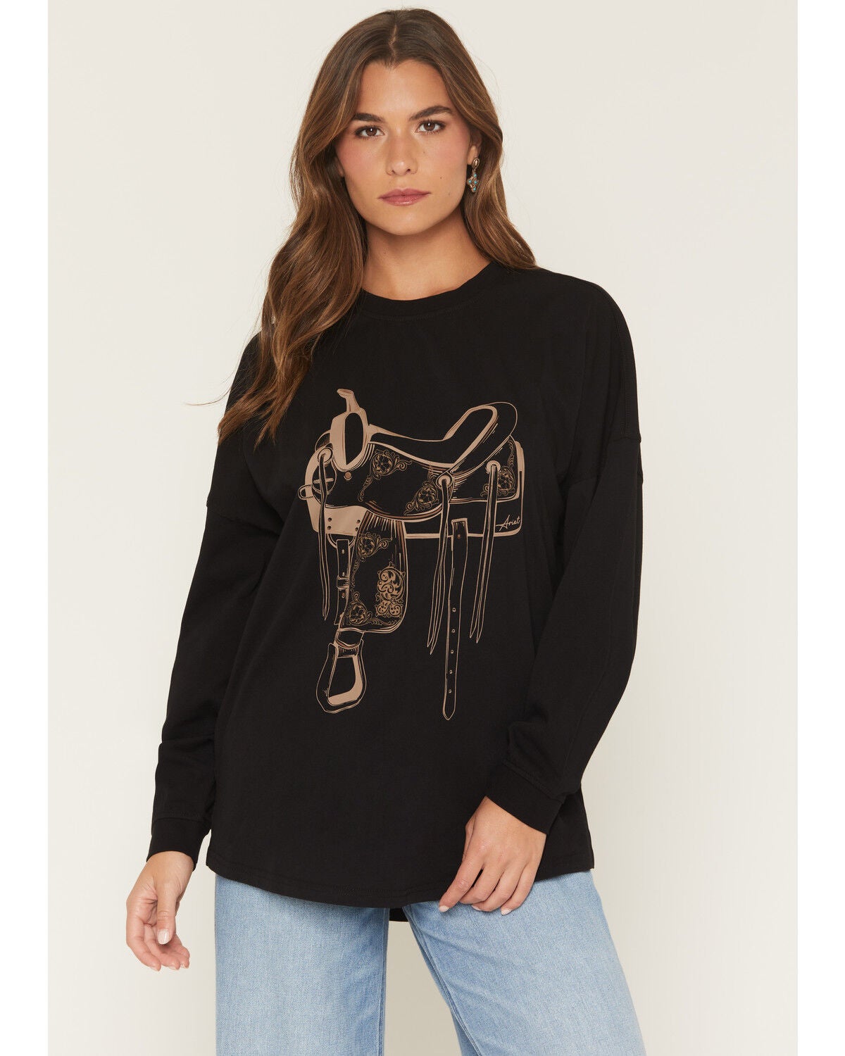 Ariat Women's Saddle Long Sleeve Oversized Graphic Tee, Black, hi-res