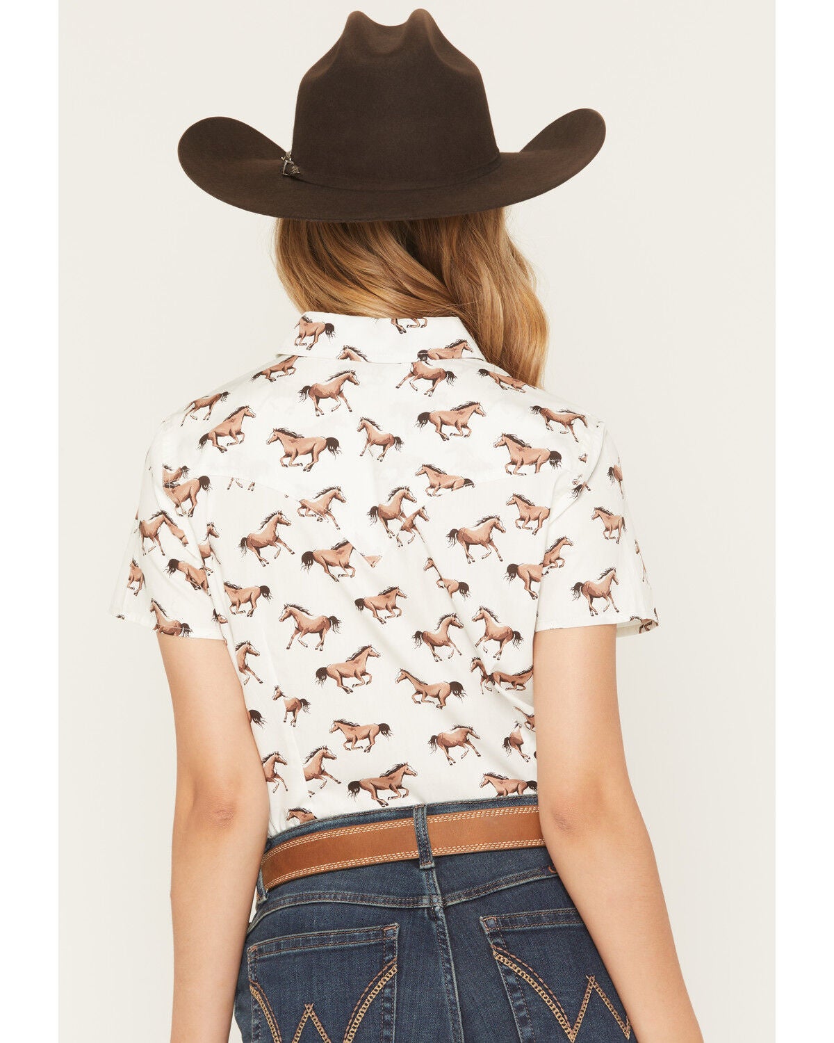 Image #4 - Wrangler Retro Women's Boot Barn Exclusive Horse Print Short Sleeve Snap Western Shirt, Cream, hi-res