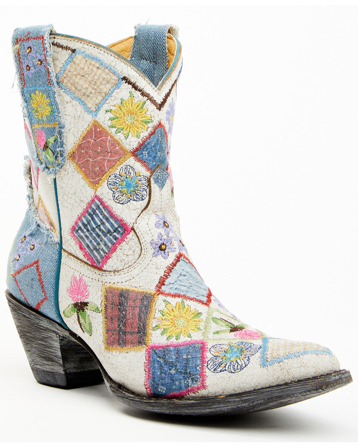 Image #1 - Yippee Ki Yay by Old Gringo Women's Heirloom Short Embroidered Patchwork Booties - Round Toe, White, hi-res