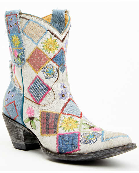 Yippee Ki Yay by Old Gringo Women's Heirloom Short Embroidered Patchwork Booties - Pointed Toe, White, hi-res