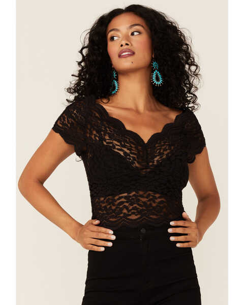 Image #1 - Shyanne Women's Black Lace Knit Flutter Sleeve Crop Top , Black, hi-res