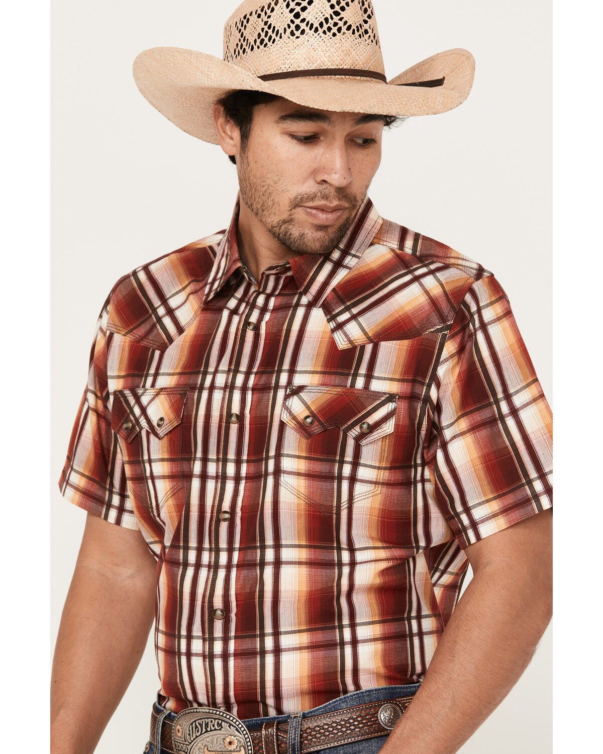 Image #2 - Moonshine Spirit Men's Hound Dog Plaid Print Short Sleeve Snap Western Shirt, Dark Brown, hi-res