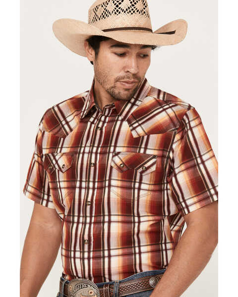 Image #2 - Moonshine Spirit Men's Hound Dog Plaid Print Short Sleeve Snap Western Shirt, Dark Brown, hi-res
