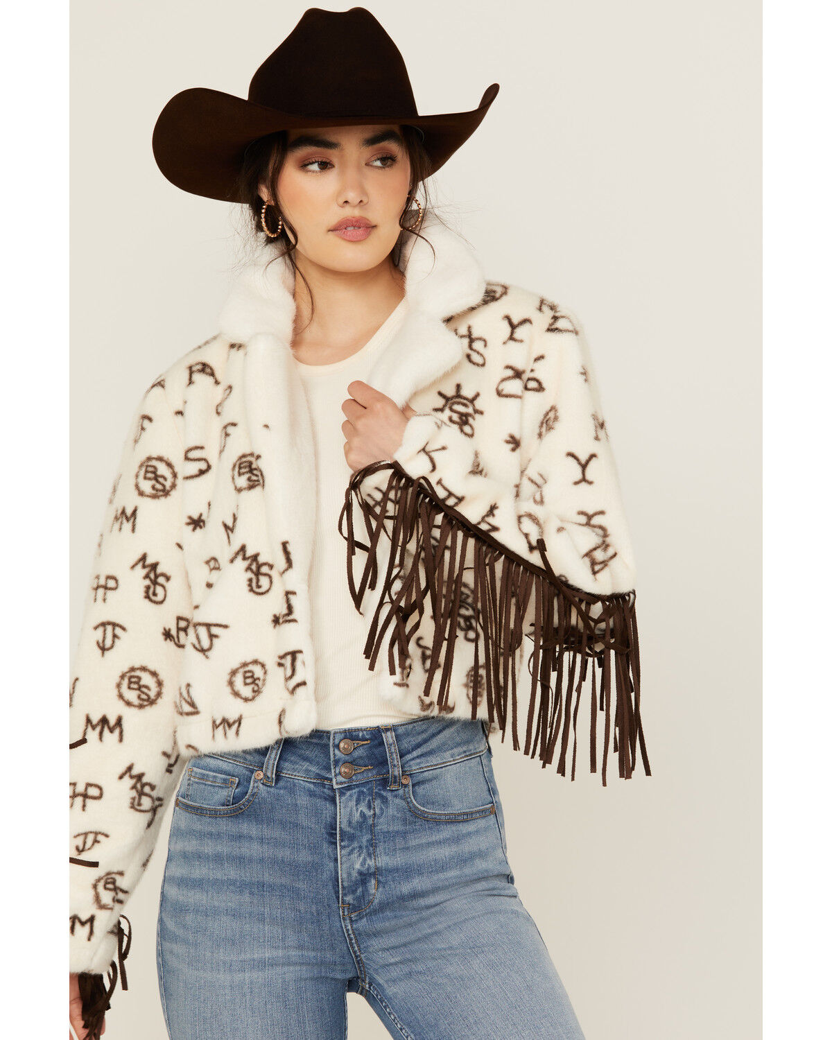 Image #1 - Panhandle Women's Conversation Print Fur Fringe Jacket, Cream, hi-res