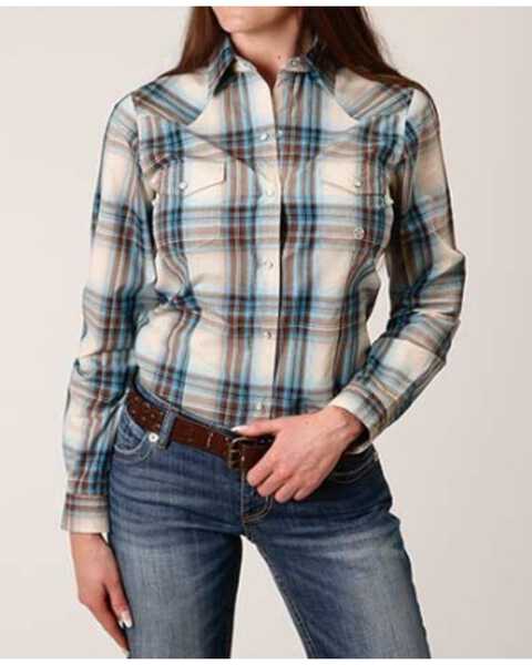 Image #1 - Roper Women's Plaid Print Long Sleeve Snap Western Shirt, Cream/brown, hi-res
