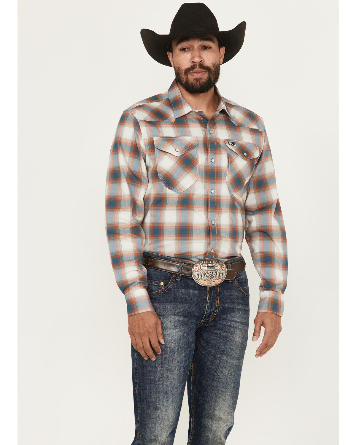 Image #1 - Kimes Ranch Men's Hays Plaid Print Long Sleeve Snap Stretch Western Shirt, Blue, hi-res