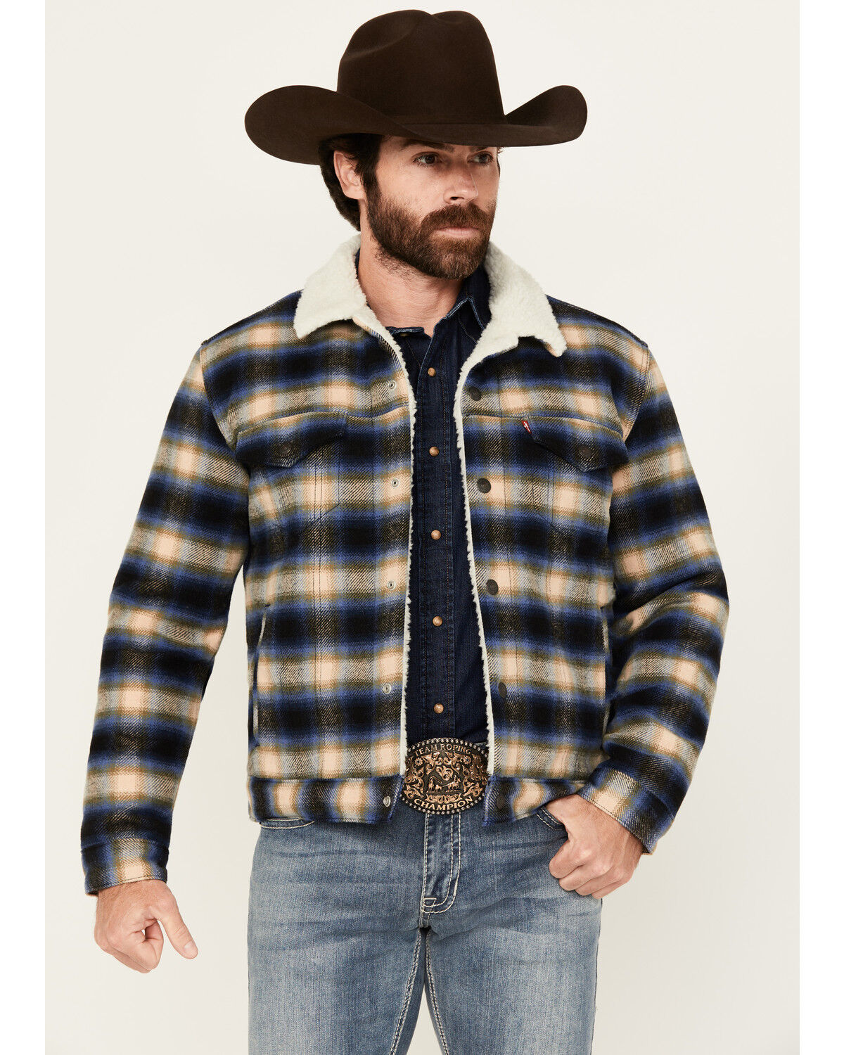 Image #1 - Levi's Men's Plaid Print Sherpa Lined Trucker Jacket, Blue, hi-res