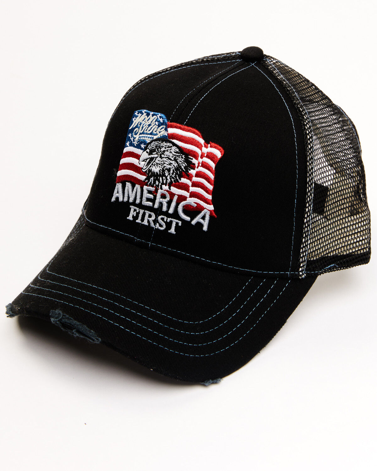Image #1 - Moonshine Spirit Men's America First Flag Patch Mesh Ball Cap, Black, hi-res