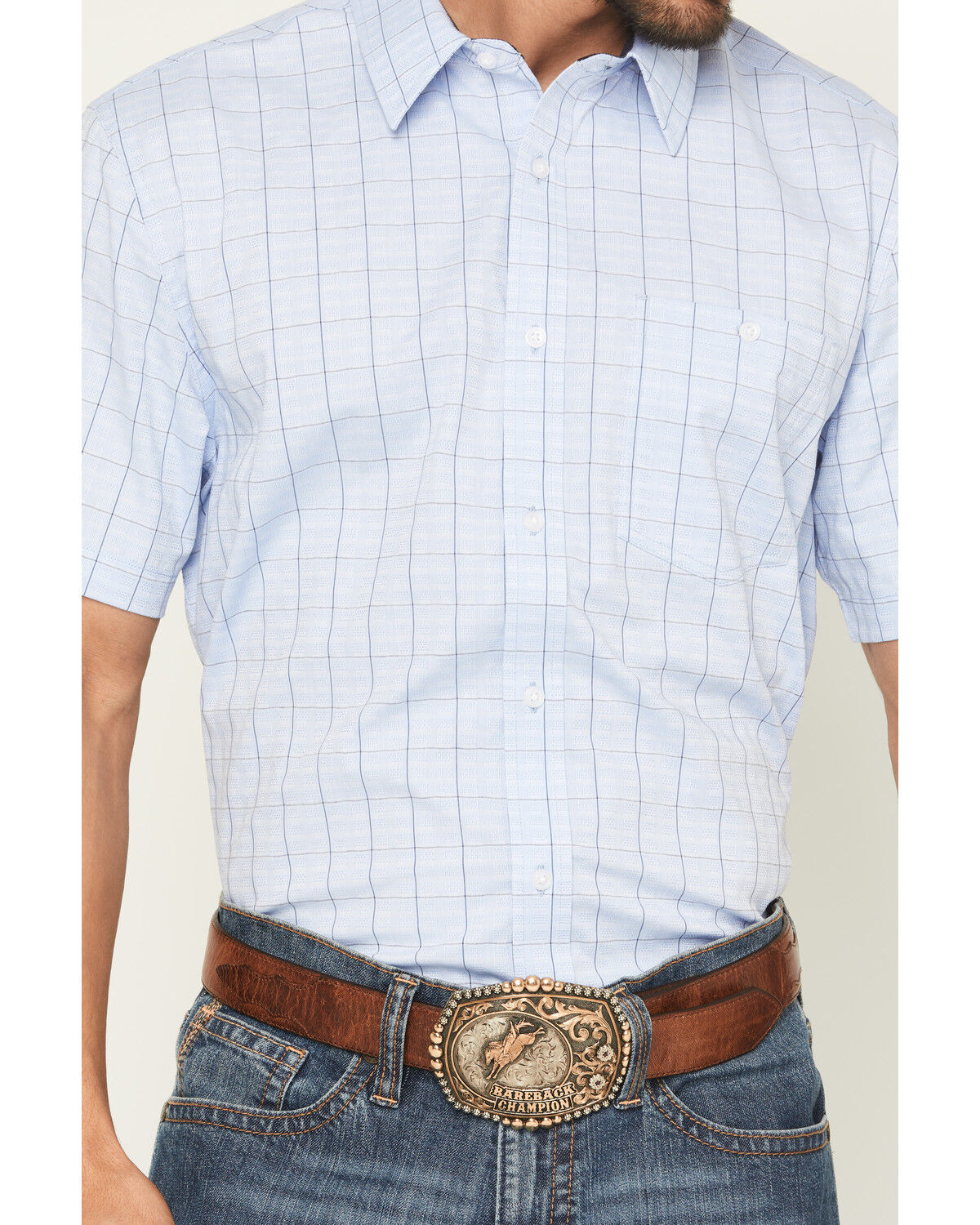 Image #3 - RANK 45® Men's Trailblazer Short Sleeve Button-Down Plaid Stretch Western Shirt, Light Blue, hi-res
