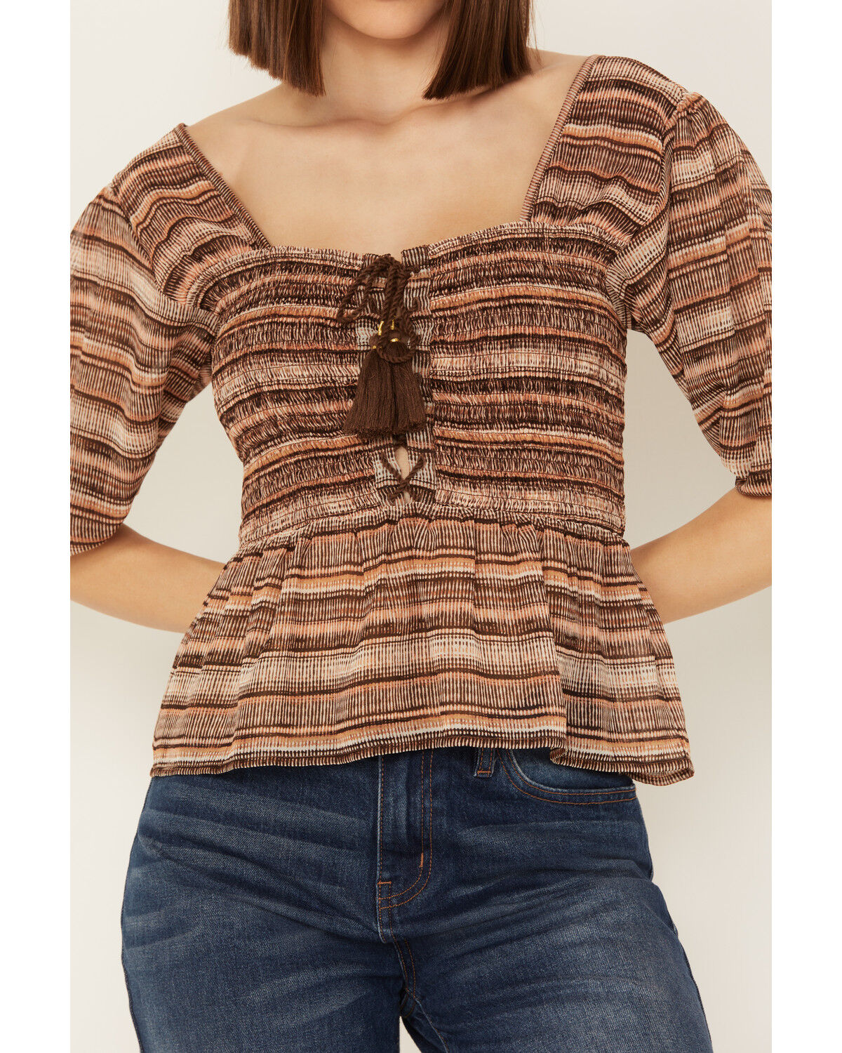 Image #3 - Shyanne Women's Smocked Lace-Up Print Top, Medium Brown, hi-res