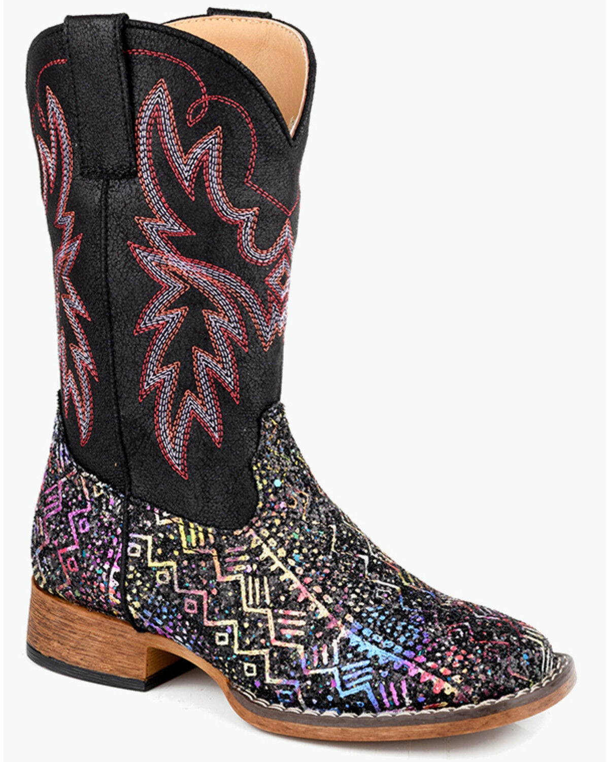 Roper Little Girls' Glitter Southwestern II Western Boots - Broad Square Toe, Black, hi-res