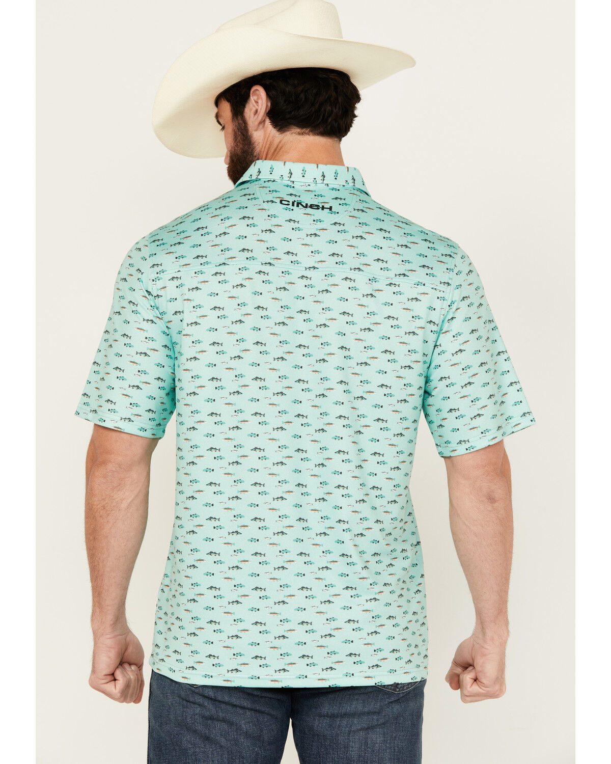 Image #4 - Cinch Men's ARENAFLEX® Fish Print Short Sleeve Performance Polo, Turquoise, hi-res