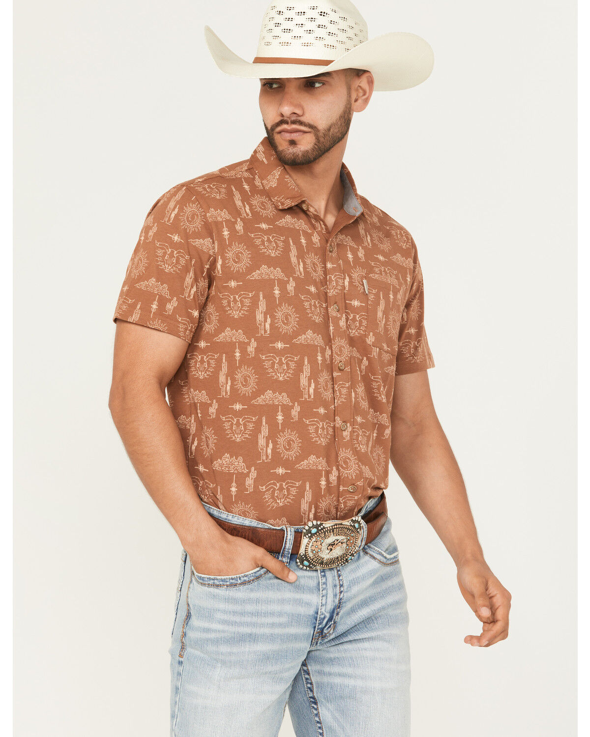 Image #1 - Ariat Men's Retro Desert Print Short Sleeve Button-Down Stretch Western Shirt, Coffee, hi-res